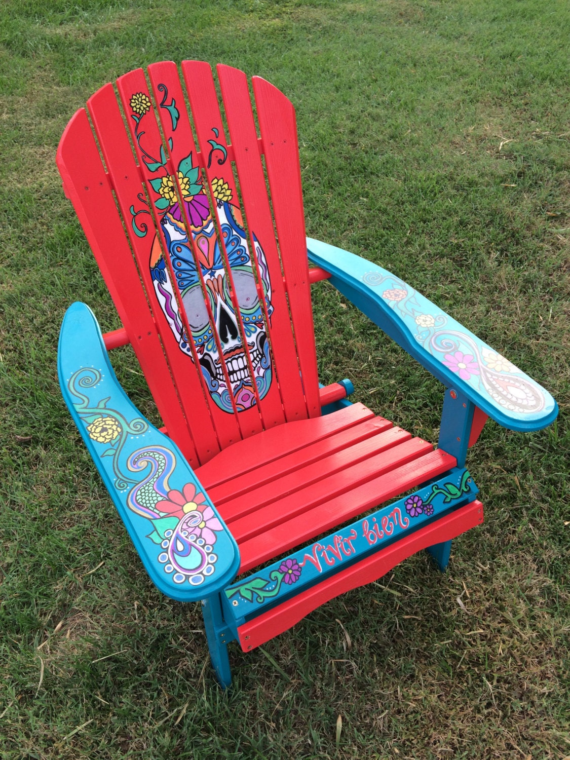 Hand Painted Red Sugar Skull Adirondack chair Unique gift.