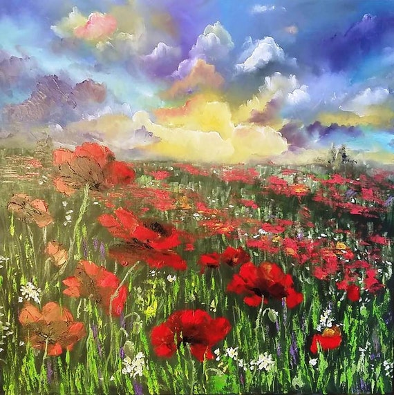 Red Poppies Field oil painting flowers landscape Oil