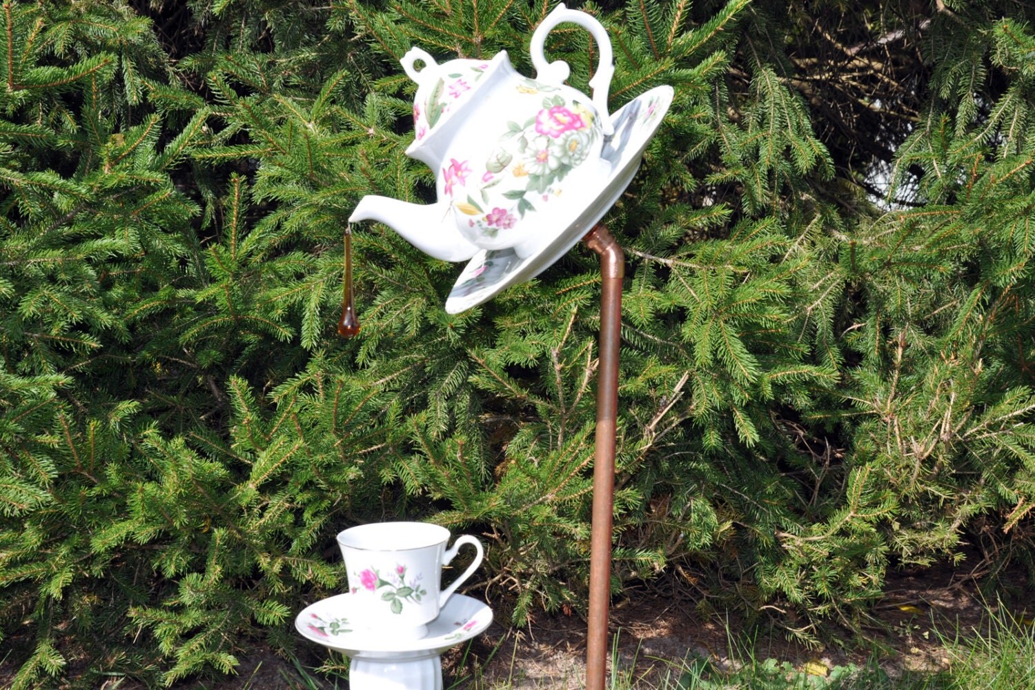 TeaPot Cup Saucer Garden Glass Plate Flower Yard Art