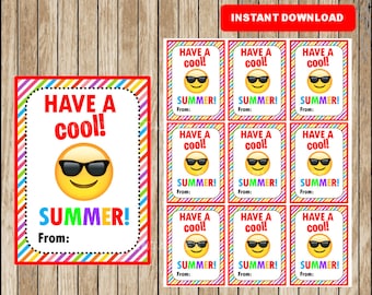 Emoji End of School Cards, Funny Friend Gift Tags, Printable Summer Gift Tag cards instant download