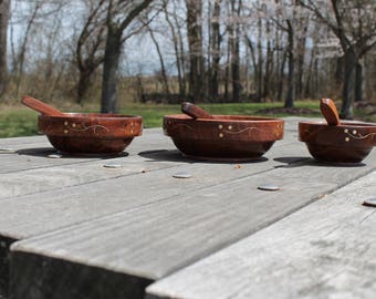 Wooden bowls with spoons, Vintage Salad bowls, Handmade Serving bowls, Gift for her, Housewarming, Thanksgiving, Antique, Ecofriendly