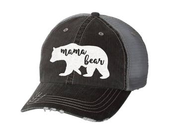 Mama Bear Distressed Glitter Ladies Trucker Baseball Hat | #momlife | mommy | mesh hat | mom life | Gift for Mom