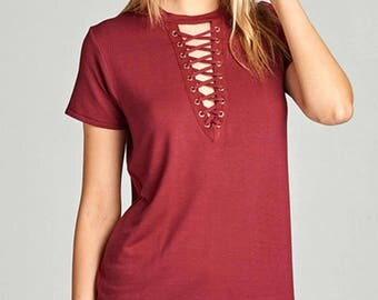 Free Shipping! Lace Up Tee Top