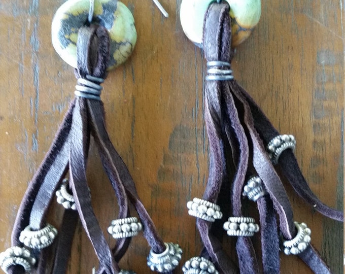 Blue/Green Turquoise Circle Earring with 1/8" Soft Deer Skin Leather Tassel Decorated with Bali Silver