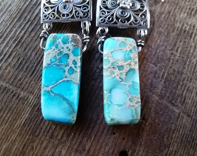 Earrings Featuring Vintage Sterling Silver Filigree with Turquoise Sea Sediment Jasper