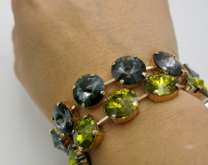 Alluring timeless fashion forward olive Swarovski crystal 14mm rivoli tennis bracelet that embodies elegance .