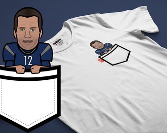 Tom Brady "G.O.A.T." Caricature Fauxket (Faux Pocket) Tee - New England Patriots Theme