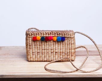 Pom Pom Crossbody Bag # Straw bag with Pom Pom # Mini cool bag # Thai Handmade #