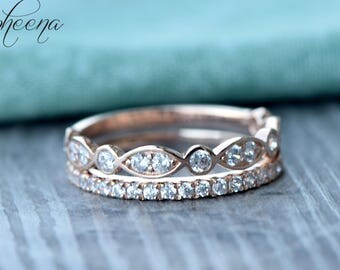 Bands Set of 2 - Scalloped Art Deco Band + Half Eternity Band in 14 Karat Rose Gold, Engagement/Wedding Band, Gold Stacking by Sapheena