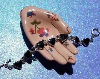 Sterling Silver Black Onyx Heart Chain Bracelet 1990's
