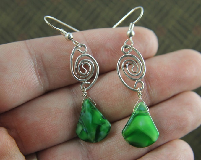 Geometric Dangle Earrings, Sterling Silver Spiral Swirl with Green Triangle Bead, Wire Wrap Jewelry, Unique Boho Hippie Gift for Her