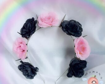 Pink & black pastel goth flower crown with spikes