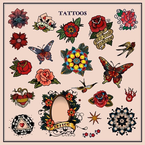 Download Set of Floral Tattoos in Traditional Vintage Style. Vector