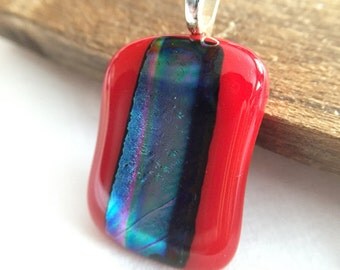 Red Fused Glass Pendant with Multicolor Dichroic