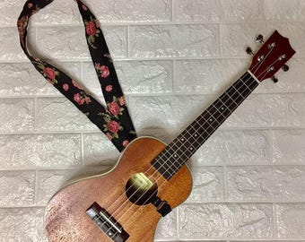 NuovoDesign Black Flowers Ukulele Strap floral fabric with plastic hook. Free size