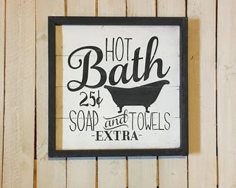 Items similar to Wood Signs, Hot Bath 25 cents, primitive bathroom ...