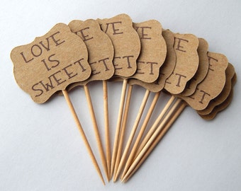 10-100 pc. Wedding Cupcake Toppers, Love is Sweet, Cupcake Toppers, Wedding Shower Favors, Chic Bridal Shower, Girly Bridal Shower