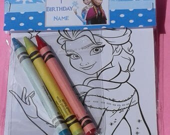 10 set of custom Frozen birthday party favor bags with small coloring designs and crayons/thanks for coming/Frozen/First birthday