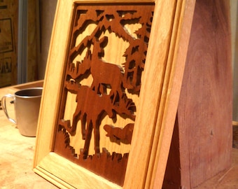 Wooden Scrolled Picture of Deer & Moose- Cabin Decor- Wooden Wildlife Cut-Out