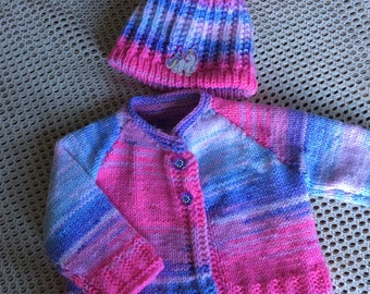 Hand Knitted Baby gift set. Cardigan and hat