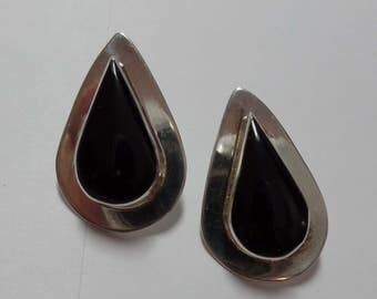 Vintage Earrings Sterling Silver Black Onyx Teardrop Mexico Makers Hallmark TW-51 Pierced