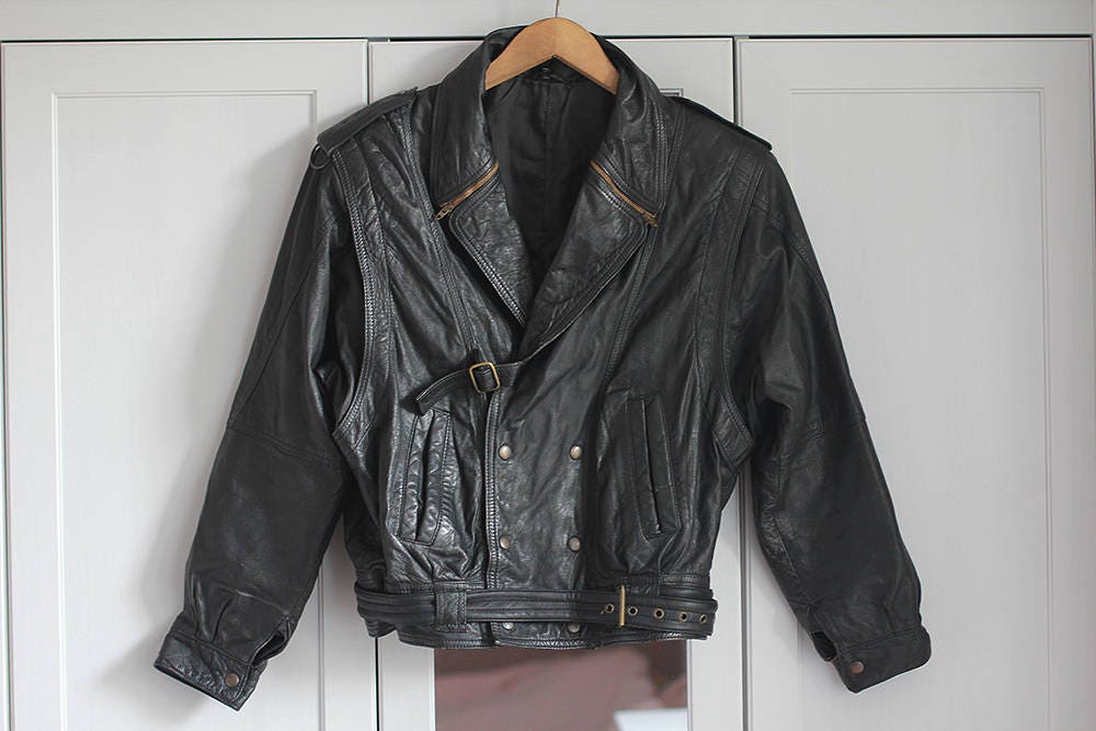 Black Biker Jacket Vintage Genuine Leather Grunge Zippers Gold