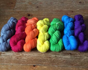Hand dyed 4 ply Stormy Rainbow mini skein set 7 x 20g skeins, plain or sparkle base *SALE*