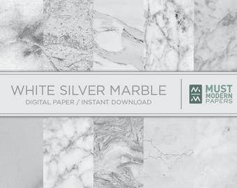 Silver White Marble Digital Paper, Silver marble paper, Silver paper, Marble backgrounds, Stone paper, Silver marble, Marble prints
