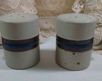 Vintage Pottery Salt Pepper Shakers with Handles 2 3/4" x 3 3/4" Blue Brown Beige w Stoppers