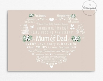 Personalised 30th Pearl Wedding Anniversary Print, For Mum and Dad, 1 Cor 13 8, For Couple, Love never Fails, A4 Print or 8"x10" Mounted