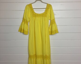 Vintage 1970s Bright Lemon Yellow Mexican Dress / Pintucked / Crochet Trim / Bell Sleeves / Boho / Hippie