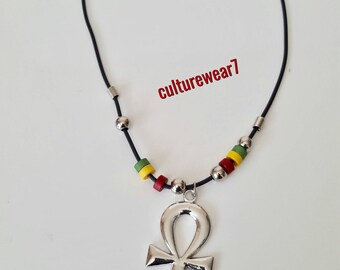Rasta 6 Bead Necklace with Ankh Pendant
