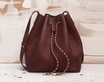 Brown Leather Bucket Bag with Drawstring, Brown Leather Bag. Shoulder Bag, Cross Body Bag, Minimalist Leather Bag, Medium Brown Bag, Olmo