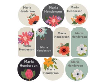 Personalized clothing name labels, iron on labels, Custom floral name labels, Custom labels for clothing, camp labels, heat transfer labels,