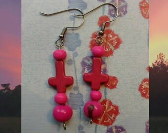 Pink inverted cross earrings