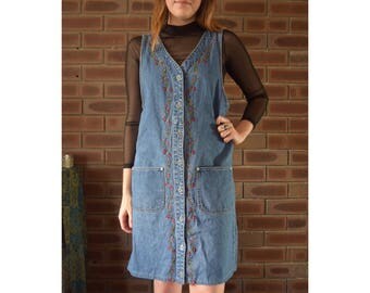 90s grunge embroidered denim button down dress