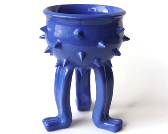 Ceramic Pot - Bright Blue Grouchy Planter Pot with Spikes and Sculpted Feet - Spiked Succulent Planter