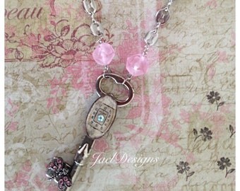 Steampunk OOAK Necklace - Vintage Skeleton Key, Watch Face, Rhinestone Butterfly, Pendant Necklace