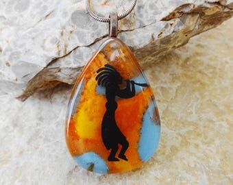 Southwest Fused Glass Pendant, Orange and Turquoise Teardrop Glass Pendant, Stone Look Glass Pendant - Kokopelli Glass Necklace