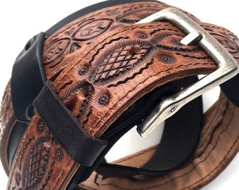 Tooled Leather Guitar Strap with Comfort Pad and Hidden Compartment, Black & Brown, EcoFriendly, Adjustable, Reclaimed Leather, Unique, OOAK