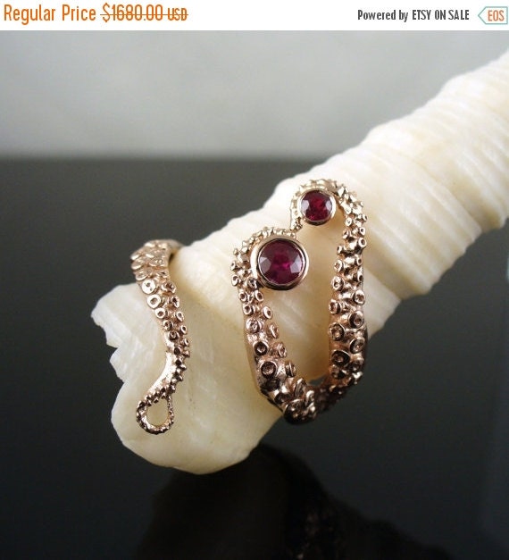 VDAY Sale Wicked in Rose Gold with Rubies, Tentacle Ring, Octopus Ring, Wedding Band, Engagement Ring, Bridal Jewelry by OctopusMe steampunk buy now online