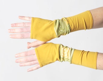 Yellow and green armwarmers, Yellow patchwork gloves, Jersey fingerless gloves, Mustard yellow patchwork wrist warmers, MALAM