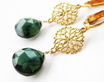 Forest Green Quartz Clip Earrings, Brass Filigree Clip On Earrings, Gold Ear Clips, Dark Emerald Green Faceted Teardrops, Handmade, Gail