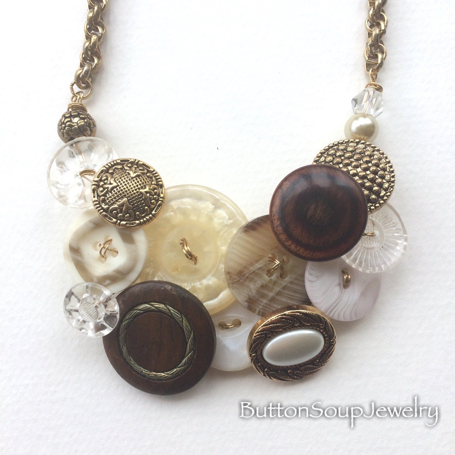 Mixed Media Button Statement Necklace Brass wooden Sparkle