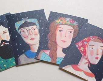 4 postcards, man and woman, flowers, home decor, wall decor, art, illustration