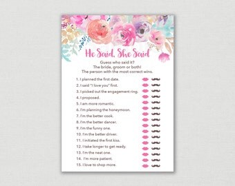 Floral He Said She Said Game / Floral Bridal Shower / Pink Floral / Watercolor Floral / Bridal Shower Game / INSTANT DOWNLOAD B100