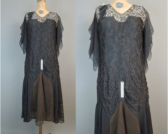 Vintage 1920s Dress Black Lace & Chiffon with Rhinestones, 36 bust, some issues