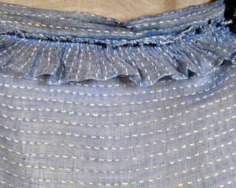 Vintage Woven Dotted Swiss Gauze Ruffled Curtains - Set of 2 Blue Sheer Panels with White Dots