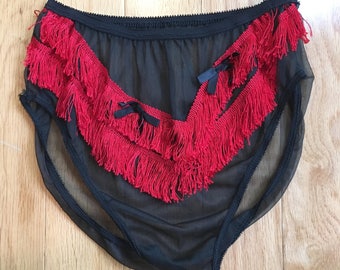 50s 60s Vintage Sheer Black Red Fringed Panties, XS