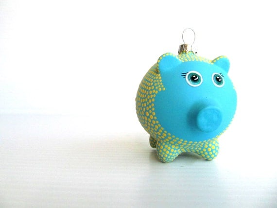 Piggy Ornament: Hand painted Glass Piggy ornament Yellow and Blue Piggy Cute pig ornament piggy bank
